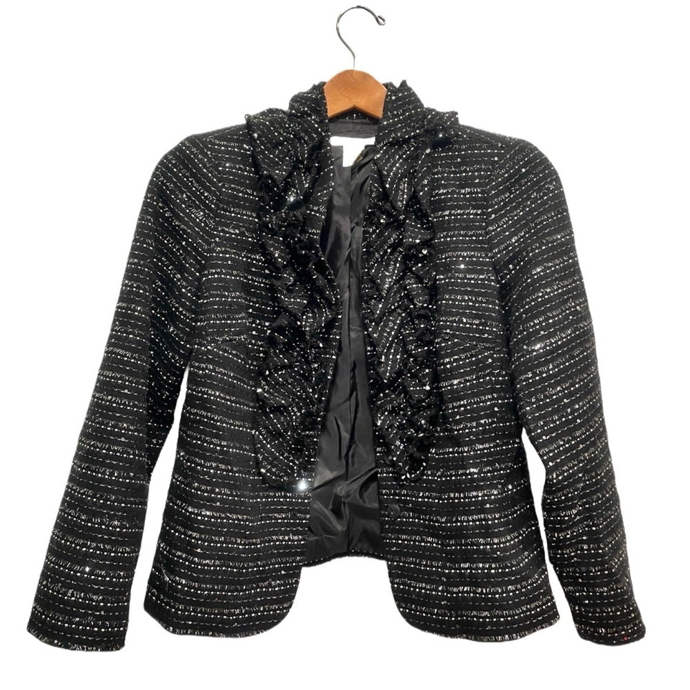 PETER NYGARD Ruffled Tweed Black and Silver Blazer Jacket EUC